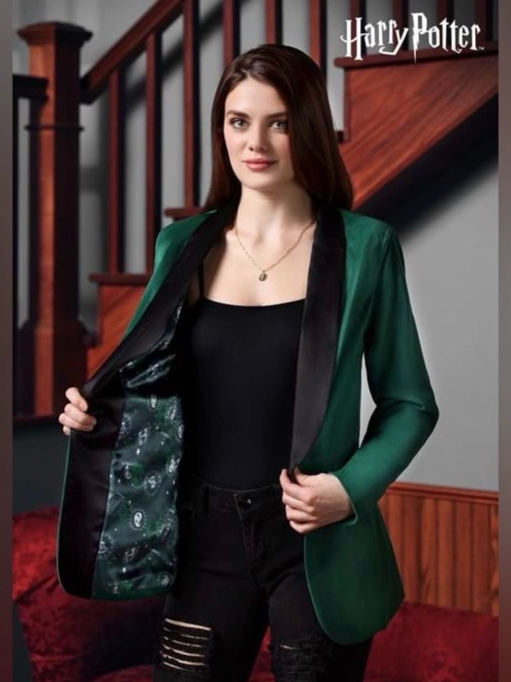 Woman’s Harry Potter Slytherin Green Blazer with Black Satin Shawl Collar